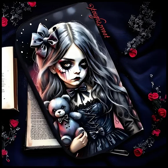 🆕️LAST 1🌹GOTH GIRL & TEDDY BEAR ZIPPERED CLUTCH/WRISTLET WALLET/GOTH PUNK Y2K - Picture 1 of 17